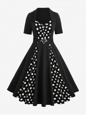 Plus Size Polka Dot Print Mock Buttons Heart Buckle Turn-down Collar Patchwork Ruched Vintage A Line Dress - BLACK - 5X | US 30-32