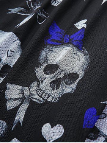 Plus Size Skull Bowknot Heart Printed Mesh Lace Up Flare Sleeve Handkerchief Top