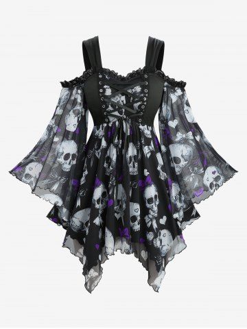 Plus Size Skull Bowknot Heart Printed Mesh Lace Up Flare Sleeve Handkerchief Top - PURPLE - 5X | US 30-32