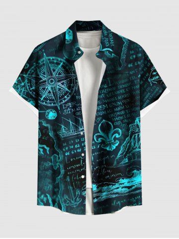 Plus Size Compass Anchor Map Sea Letters Print Hawaii Cruise Button Pocket Shirt For Men - BLACK - 6XL
