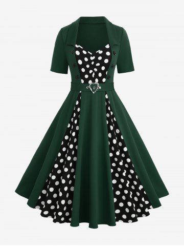 Plus Size Polka Dot Print Mock Buttons Heart Buckle Turn-down Collar Patchwork Ruched Vintage A Line Dress - DEEP GREEN - 2X | US 18-20