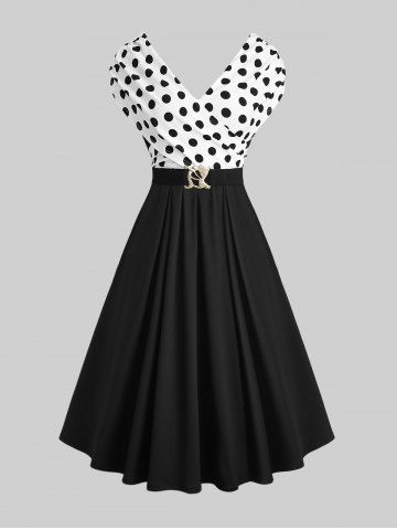 Plus Size Polka Dots Print Crossover Panel Ruched Vintage Dress With Buckle Belt - BLACK - L | US 12