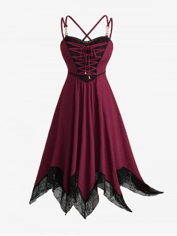 Plus Size Flower Lace Patchwork Textured Lace-up Crisscross Strappy Dress - DEEP RED - L | US 12