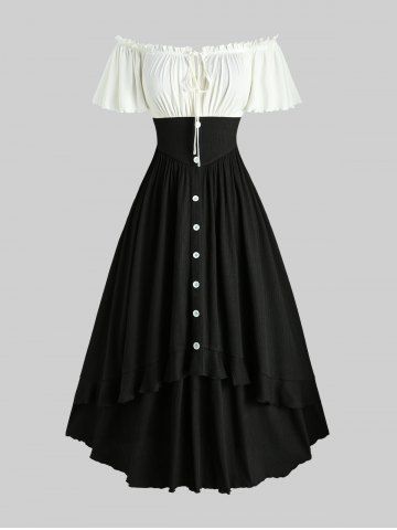 Plus Size Tie Cinched Ruffles Ruched Buttons Off The Shoulder High Low Dress - BLACK - 2X | US 18-20
