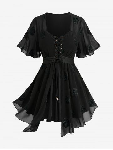 Plus Size Rose Flower Embroidery Mesh Grommets Lace Up Asymmetrical 2 In 1 Top - MULTI - 2X | US 18-20