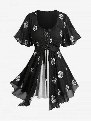 Haut asymétrique 2 en 1 grande taille, brodé de roses, en maille à œillets et lacets. - WHITE - 2X | US 18-20