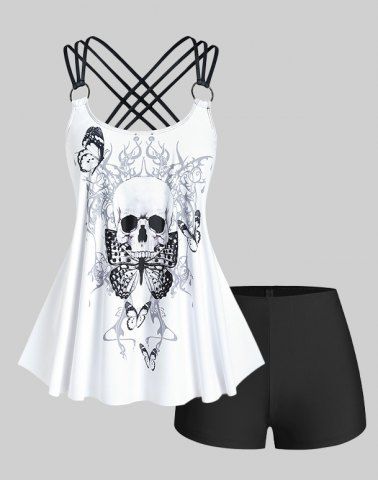 Maillot de bain tankini grande taille à imprimé papillon et tête de mort, bretelles fines, shorty - WHITE - M | US 10