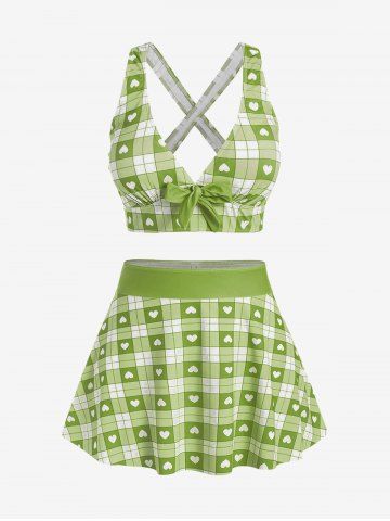 Plus Size Valentines Heart Bowknot Crisscross Padded Three Piece Tankini Swimsuit - MINT GREEN - M | US 10