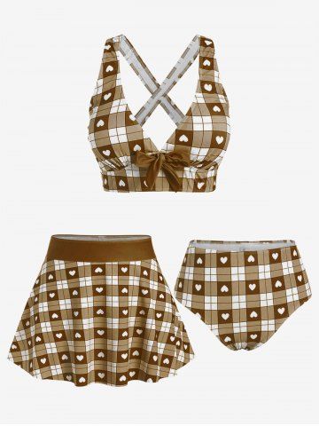 Plus Size Valentines Heart Bowknot Crisscross Padded Three Piece Tankini Swimsuit - COFFEE - 1X | US 14-16