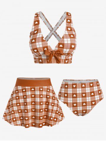 Maillot de bain tankini trois pièces rembourré avec nœud papillon en forme de cœur et bretelles croisées, grandes tailles, pour la Saint-Valentin - DARK ORANGE - 4X | US 26-28