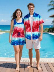 Matching Hawaii Shirt and Romper Plus Size Beach Outfit Coconut Tree Colorblock Printed for Couples -  
