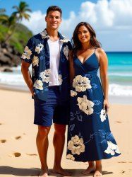 Flower Leaf Branch Print Plus Size Matching Hawaii Beach Outfit For Couples -  