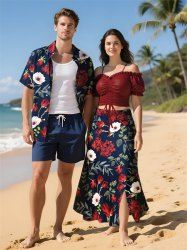 Flower Leaf Branch Print Plus Size Matching Hawaii Beach Outfit For Couples -  