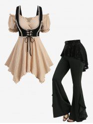 Textured Lace Up Crochet 2 in 1 Corset Top and Skulls Fishnet Overlay Ruffles Skirted Flare Pants Plus Size Outfit -  