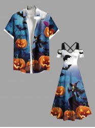 Halloween Pumpkin Wizard Bat Moon Ombre Galaxy Print Plus Size Matching Outfit For Couples -  
