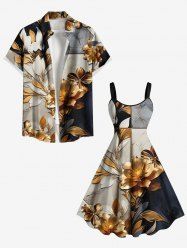 Flower Leaf Colorblock Print Plus Size Matching Hawaii Beach Outfit For Couples -  