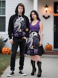 Halloween Owl Moon Rose Flower Candle Branch Leaf Print Plus Size Matching Outfit For Couples -  