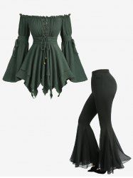 Lace Up Ruffles Flare Sleeve Off The Shoulder Top and Sheer Mesh Patchwork Flare Pants Plus Size Outfit -  