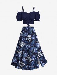 Flowers Leaf Tropical Print Plus Size Hawaii Matching Set -  