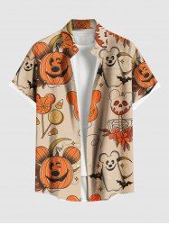 Plus Size Halloween Pumpkin Balloon Candy Skeleton Flowers Print Buttons Pocket Shirt For Men -  