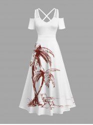 Robe longue hawaïenne grande taille à imprimé cocotiers et épaules dénudées - Blanc 2X