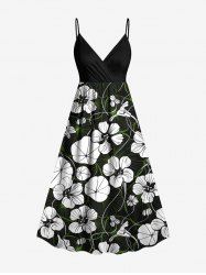 Plus Size Flowers Leaf Print Surplice Hawaii Cami Dress -  