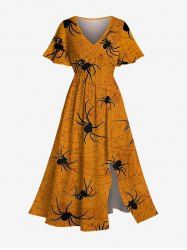 Plus Size Spider Web Insect Print Halloween Split Pocket A Line Midi Dress -  