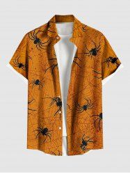 Plus Size Spider Web Insect Print Halloween Button Pocket Shirt For Men - Orange XL