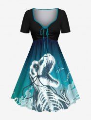 Robe trapèze cintrée grande taille à imprimé squelette de dinosaure et ciel ombré pour Halloween - Noir XXS