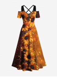 Robe longue hawaïenne grande taille à imprimé tournesol ombré et pois lumineux, épaules dénudées, croisée, coupe trapèze - Orange 5X