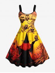 Plus Size Halloween Hat Wizard Owl Bat Spider Web Print Tank Dress -  