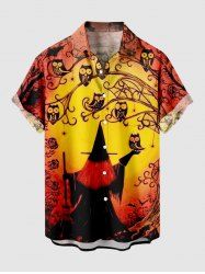 Plus Size Halloween Hat Wizard Owl Bat Spider Web Print Buttons Pocket Shirt For Men -  