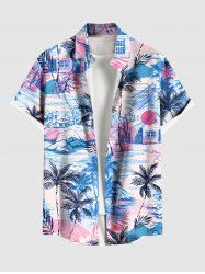 Plus Size Coconut Tree Tropical Leaf Print Buttons Pocket Hawaii Shirt For Men -  