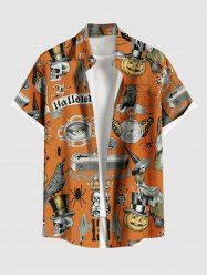 Plus Size Halloween Pumpkin Skull Owl Spider Web Butterfly Clock Eagle Print Buttons Pocket Shirt For Men -  