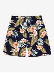 Plus Size Tropical Leaf Hibiscus Flower Print Hawaii Drawstring Beach Shorts For Men -  