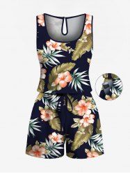 Plus Size Tropical Leaf Hibiscus Flower Print Hawaii Drawstring Pocket Romper -  