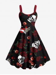 Plus Size Skull Rose Flower Heart Sword Print Halloween A Line Dress -  