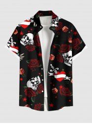 Plus Size Skull Rose Flower Heart Sword Print Halloween Button Pocket Shirt For Men -  