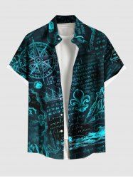 Plus Size Compass Anchor Map Sea Letters Print Hawaii Cruise Button Pocket Shirt For Men -  
