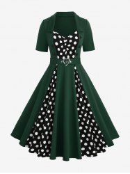 Plus Size Polka Dot Print Mock Buttons Heart Buckle Turn-down Collar Patchwork Ruched Vintage A Line Dress -  