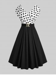 Plus Size Polka Dots Print Crossover Panel Ruched Vintage Dress With Buckle Belt -  