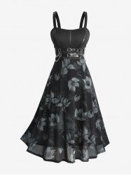 Plus Size Flowers Print Grommets Buckle Chains Tank Dress -  