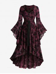 Robe grande taille à fleurs, laçage, volants, manches évasées, asymétrique et décolleté en V avec empiècement croisé. - Rouge foncé 3X | US 22-24