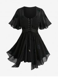 Plus Size Rose Flower Embroidery Mesh Grommets Lace Up Asymmetrical 2 In 1 Top -  