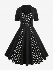 Plus Size Polka Dot Print Mock Buttons Heart Buckle Turn-down Collar Patchwork Ruched Vintage A Line Dress -  