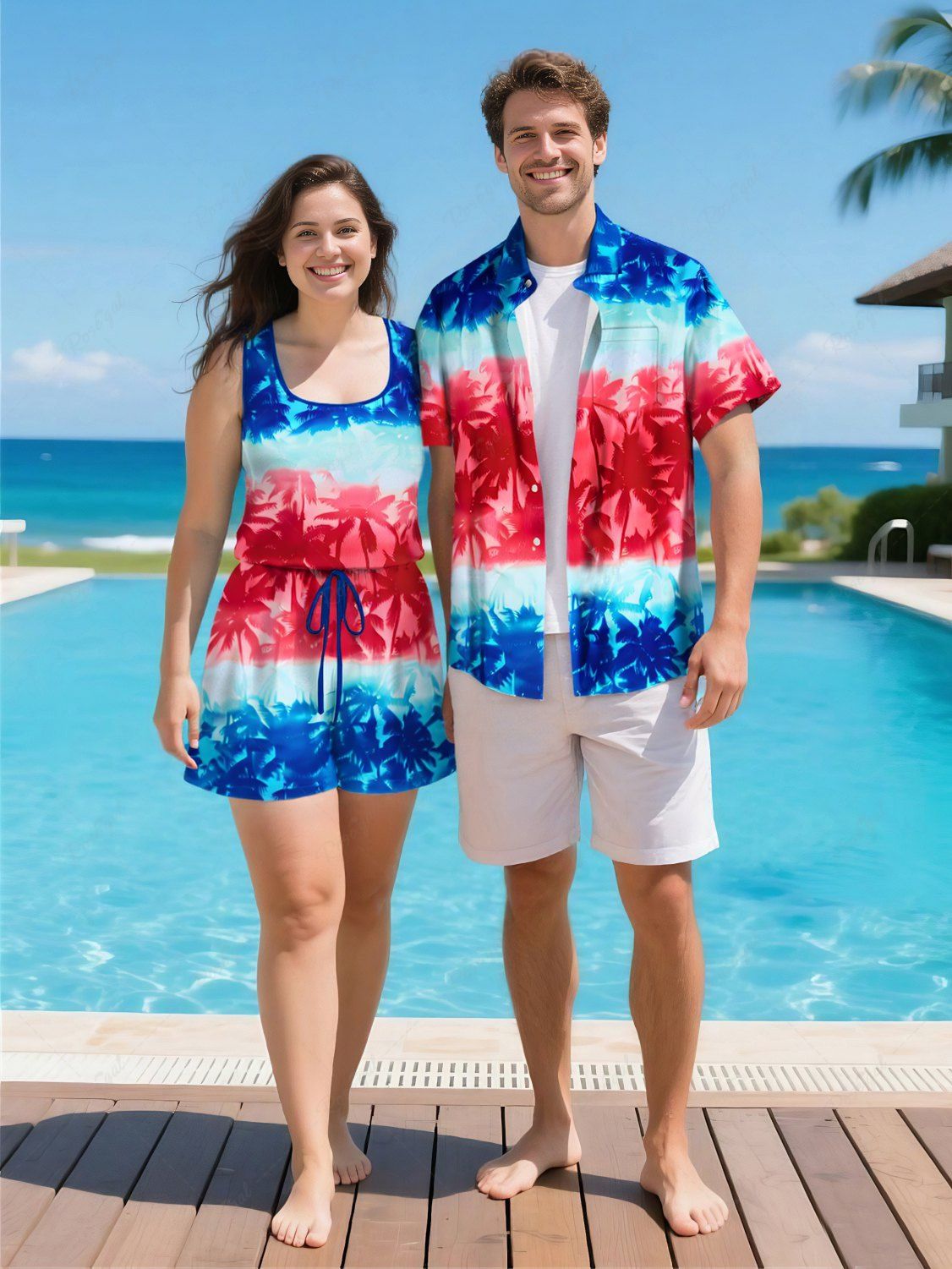 Unique Matching Hawaii Shirt and Romper Plus Size Beach Outfit Coconut Tree Colorblock Printed for Couples  