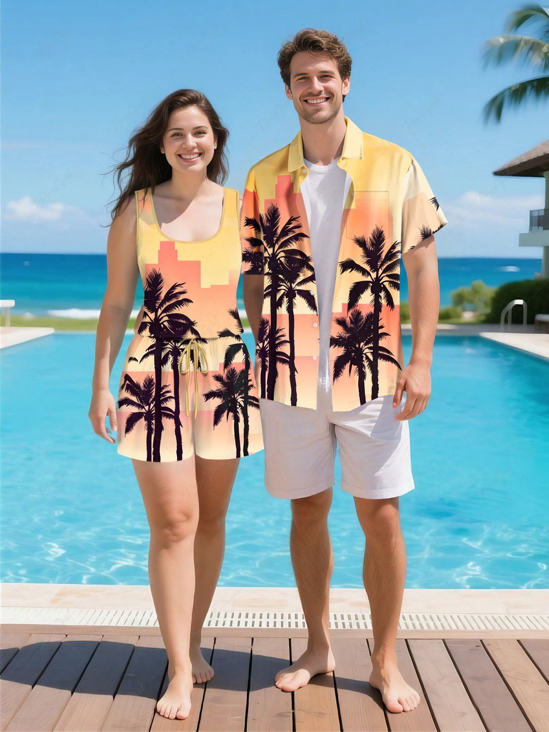 Chic Matching Hawaii Shirt and Romper Plus Size Beach Outfit Coconut Tree Ombre Printed for Couples  