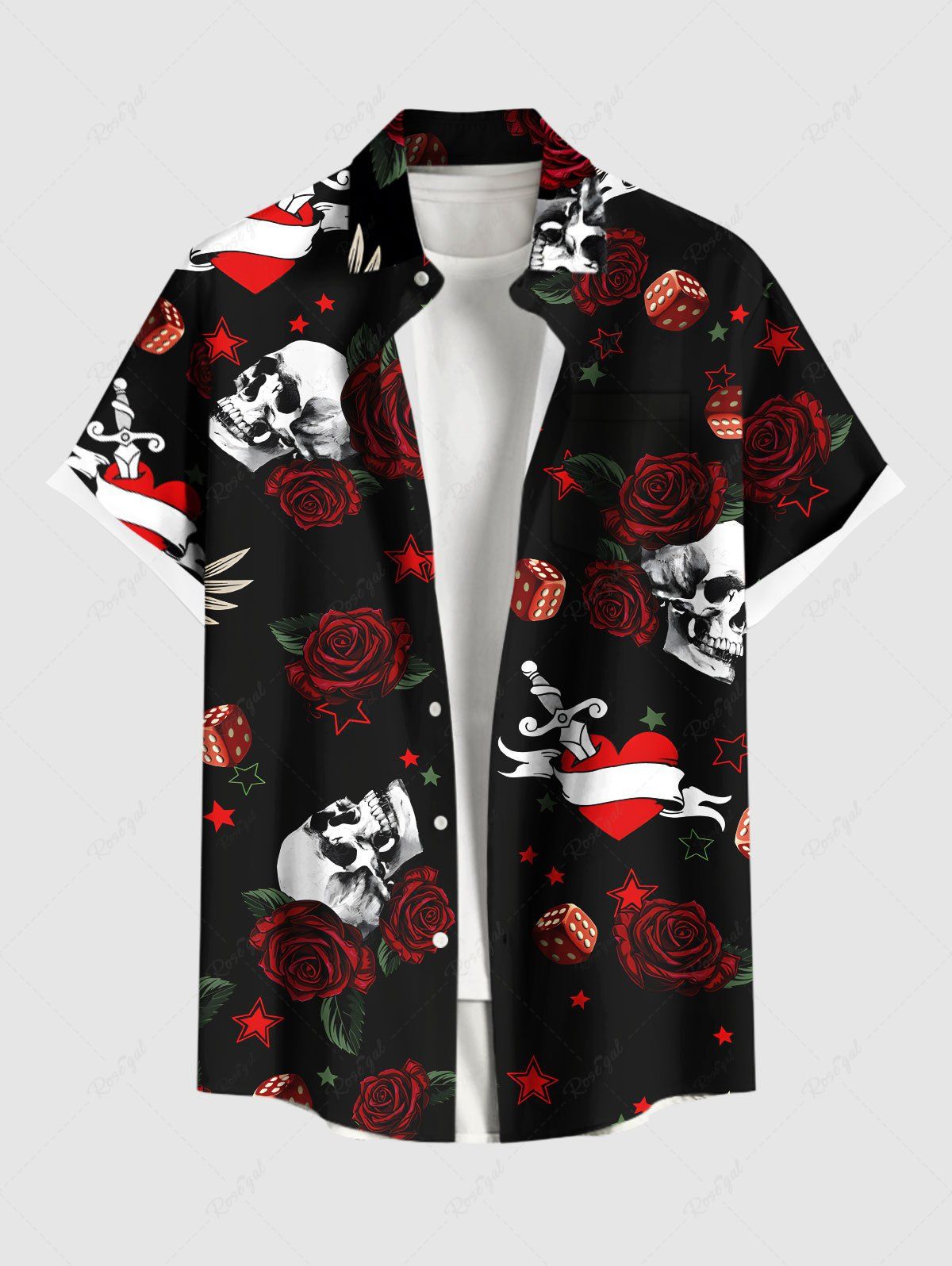 Chemise grande taille à imprimé tête de mort, rose, fleur, cœur, épée, Halloween, boutonnée, poche, pour homme Noir M