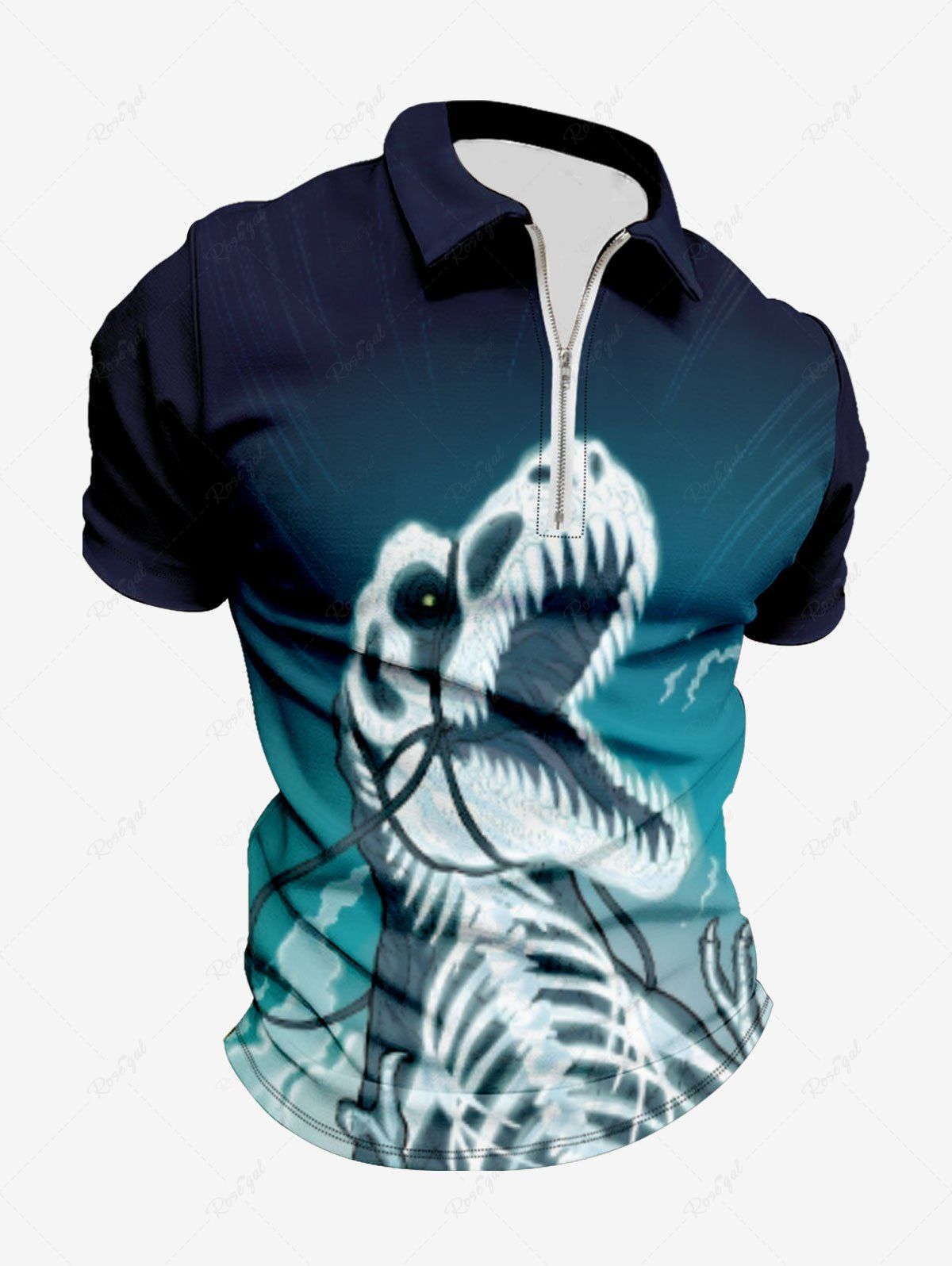 Affordable Plus Size Dinosaur Skeleton Ombre Sky Print Halloween Zipper Turn-down Collar Polo Shirt  