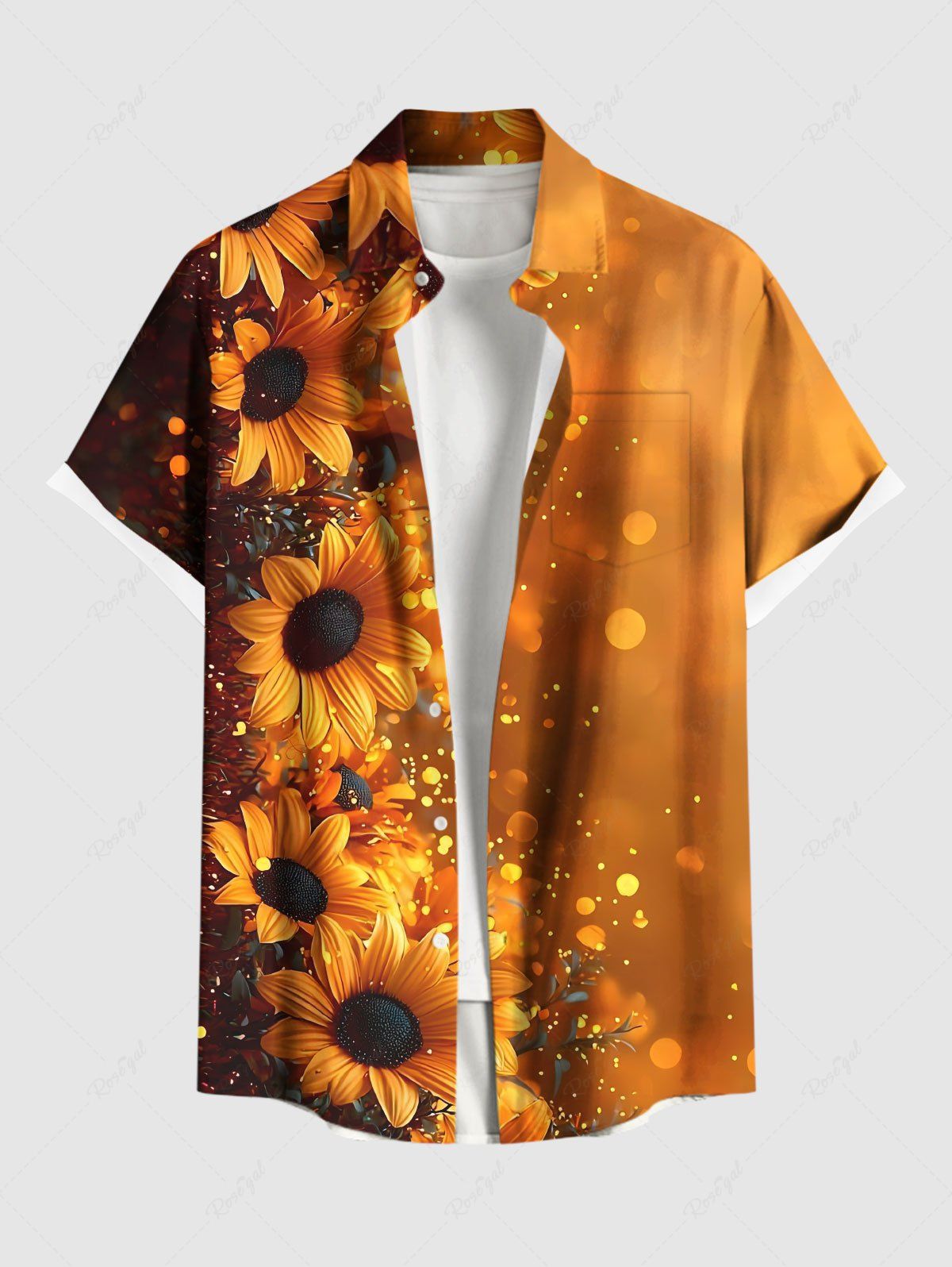 Outfit Plus Size Sunflower Ombre Light Spot Print Hawaii Button Pocket Shirt For Men  